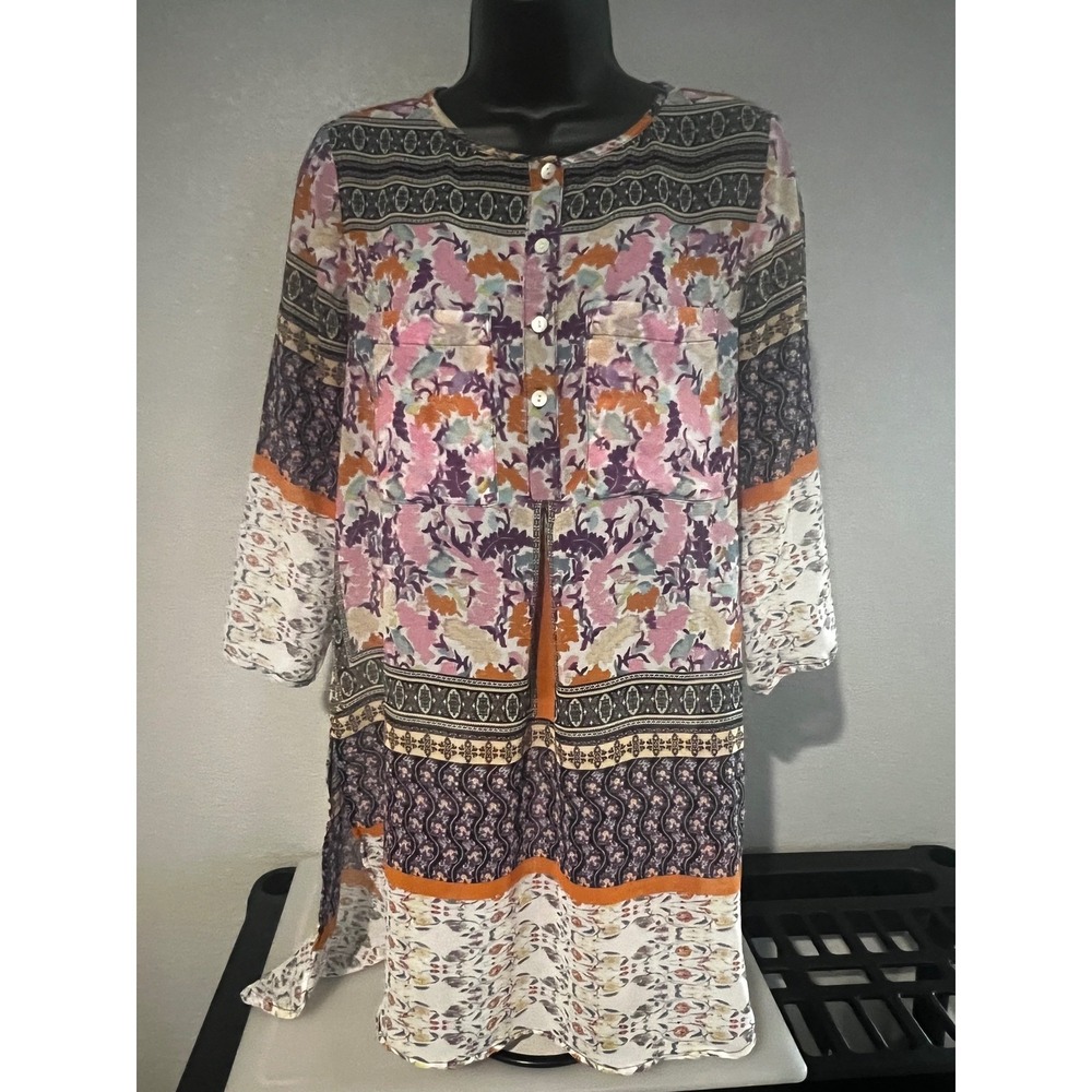 Fig and Flower Mixed Floral Paisley Patchwork Tunic Top High Low Hem Multicolor